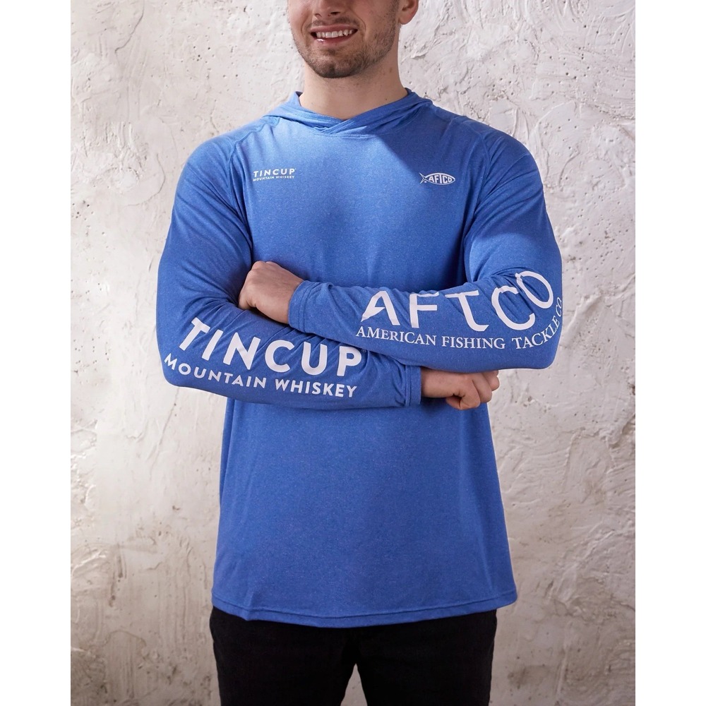 AFTCO Fishing Hoodie Mens L Blue Tincup Mountain Whiskey Sun Shirt Performance